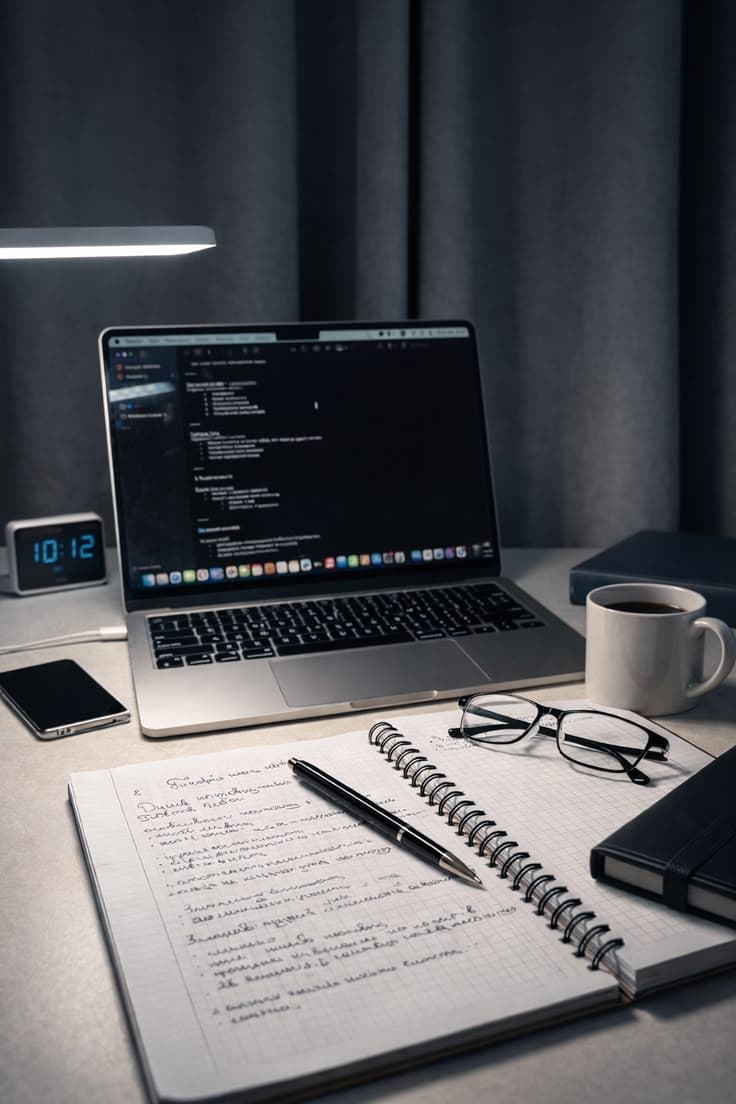 A laptop, handwritten notebook and coffee on a desk under a lamp