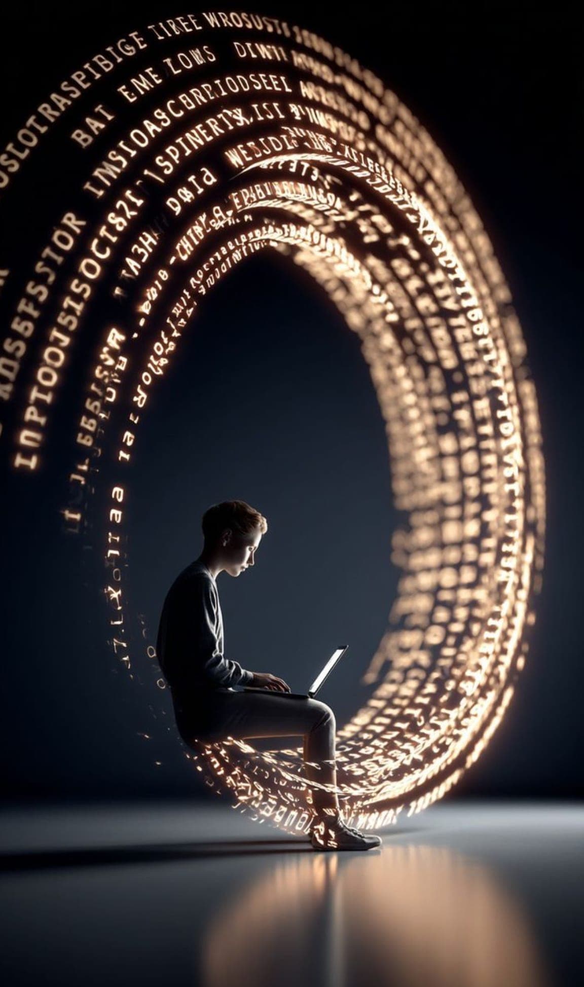 A figure with a laptop encircled by a glowing spiral of code